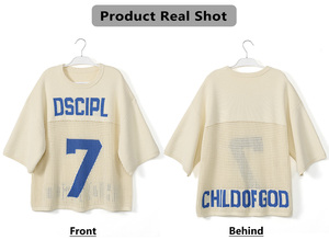 <span class=keywords><strong>Pull</strong></span> en <span class=keywords><strong>maille</strong></span> jacquard 100 % coton à manches courtes, personnalisé avec logo et lettres, pour le football, tricoté au crochet, <span class=keywords><strong>maille</strong></span> filet, conception OEM ODM - Product Image 3