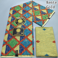 Nouvelle Arrivée de Fabrication 2+4 Yards Tissu Coton Ciré Kente Or Pur Coton Tissu Africain Ankara Doré Tissu Ciré Pagne Africain Dentelle