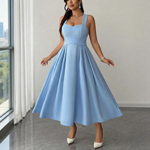 <span class=keywords><strong>Robe</strong></span> midi plissée élégante bleu clair, coupe trapèze, dos croisé, taille nouée, <span class=keywords><strong>pour</strong></span> femme, idéale <span class=keywords><strong>pour</strong></span> invitées de <span class=keywords><strong>mariage</strong></span> et soirées, vente en gros sur mesure - Product Image 1