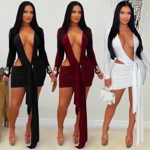 <span class=keywords><strong>Vestido</strong></span> Sexy para Mujer, Cuello en V Profundo, Color Sólido, Manga Larga, <span class=keywords><strong>Vestido</strong></span> Corto Ajustado, <span class=keywords><strong>Vestido</strong></span> de Fiesta para Club Nocturno - Product Image 1