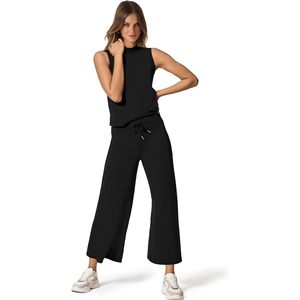 Women Two Piece Set Sleeveless Mock Neck <b>Top</b> Wide Leg <b>Crop</b> Pants Casual Summer Outfits Breathable Lounge Wear - Product Image 2