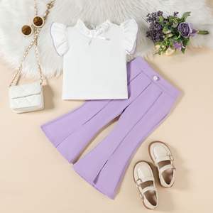 Tenues d'été pour filles de 90 à 130 cm, t-shirt à manches volantées, couleur unie, pantalon évasé à fente, ensemble deux pièces, vêtements en gros pour enfants - Product Image 3