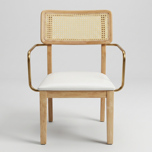 Luxury Modern Solid Ash Wood Dining <b>Chair</b> with Natural <b>Cane</b> Back & Gold Metal Arms | Commercial Restaurant <b>Chair</b> - Product Image 1