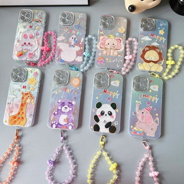 2025 New Design Cute Animal Mobile Phone case with Cartoon Beaded Phone Bracelet for iphone 15 Pro Max samsung xiaomi