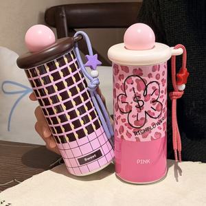 Botella de agua aislada Richflower de 500 ml, termo de doble pared con tapa de pajita y correa de transporte para mujeres, uso en exteriores. - Product Image 1