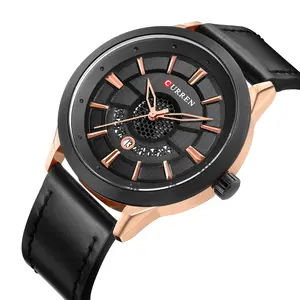 CURREN 8330 fashion black mens quartz watch original Genuine Leather band big dial analog display Concise Casual wrist watch