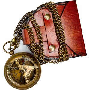 Brass Sundial <b>Compass</b> with Leather & <b>Chain</b> Portable Hanging Ring for Hiking Navigation - Product Image 1