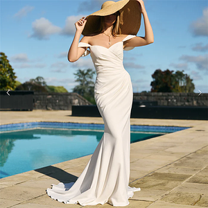 Venta caliente <span class=keywords><strong>de</strong></span> satén blanco barato elegante tren largo fuera del hombro sirena <span class=keywords><strong>boda</strong></span> Vestido civil <span class=keywords><strong>vestidos</strong></span> en línea - Product Image 1