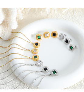 สร้อยคอสแตนเลส18K ชุบทองสไตล์วินเทจสีเขียวคิวบิกเซอร์โคเนียสีดำสำหรับเป็นของขวัญสำหรับผู้หญิง - Product Image 6