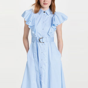 Vestido camisero de moda para mujer, Color personalizado, botón azul, cinturón frontal, detalle, manga con volantes, vestidos Midi informales para mujer - Product Image 4