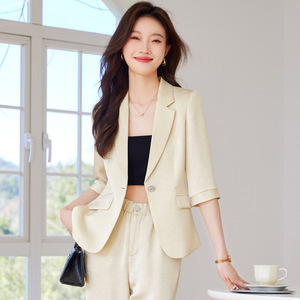Women's Mid Sleeve Suit Set Summer Thin Style Formal Workwear Breathable Satin Blazer Pants Two Piece Set - Product Image 4