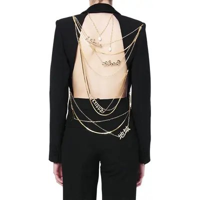 New Black Long Sleeve Back Hollow Out Golden Chains Tassel Sexy Backless Outfits Clothing Coats Jacket Suit Blazers Ladies Women