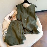 Ensemble Rétro Vert Foncé Sans Manches Style Preppy pour Femme – Collection Été 2026 Chic – Deux Pièces Patchwork en Polyester avec Short