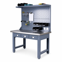 Table d'atelier robuste en acier avec plateau en acier inoxydable, panneau perforé pour rangement d'outils et roulettes en PU – Vente en gros OEM