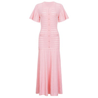 Robe midi en tricot à manches courtes pour femmes, élégante, ornée de diamants, col rond, taille cintrée, longue robe avec boutons