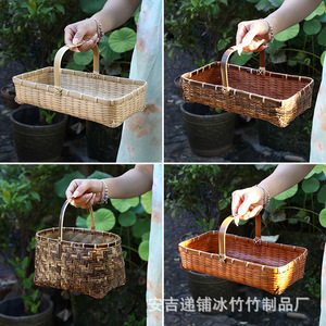 Bamboo Woven <b>Basket</b> Rectangle Handmade <b>Storage</b> <b>Basket</b> For Tea Fruit Carry - Product Image 1