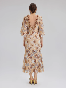 <span class=keywords><strong>Robe</strong></span> Midi <span class=keywords><strong>Femme</strong></span> 2026 Caramel en Dentelle Florale 3D, Col Rond, Manches Cape, Ceinturée, Moulante, pour Soirée Formelle et <span class=keywords><strong>Cocktail</strong></span> - Product Image 2