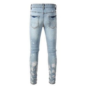 Jeans skinny stretch pour hommes, bleus, de haute qualité, effet usé, style motard, avec trous aux genoux, personnalisables avec patchs, vente en gros - Product Image 6