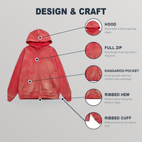 Sweat-shirt à capuche zippé intégral pour homme, coupe oversize, en molleton bouclette 600G, effet délavé à l'acide, avec manches raglan, style streetwear