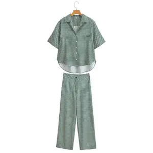 Pb & za סט אישה 2 חתיכות 2023 אופנה מודפס חליפת וינטג וינטג 'חולצת שרוולים נשים + מכנסיים חליפת נשים