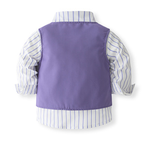 Catpapa Ensemble 4 pièces pour garçons : Chemise à rayures verticales, Gilet uni, Nœud papillon, Pantalon à revers – Tenue de cérémonie pour mariage - Product Image 4