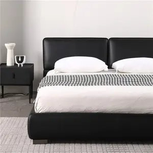 سرير من الجلد الأصلي فاخر وعصري بتصميم إيطالي ، سرير كلاسيكي أسود كبير ، أثاث غرفة نوم رئيسية للمنزل الفاخر