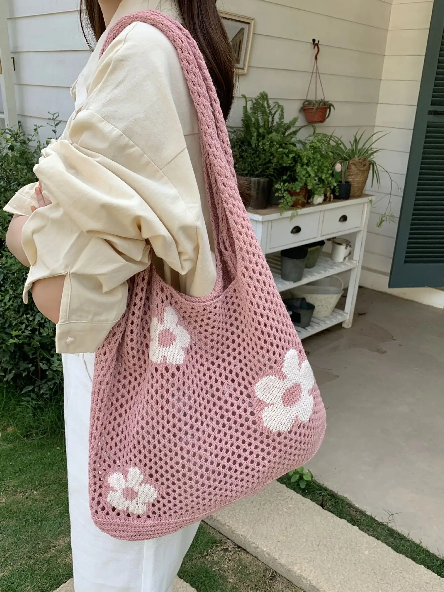 Customization Hot Sale Beach Bag Women's Hobo Handbags Fashion Mesh Flower Knitted Crochet Beach Tote Bags