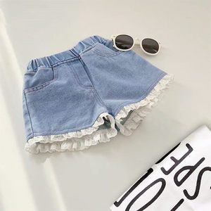 <span class=keywords><strong>Pantaloncini</strong></span> e pantaloni in denim morbidi e traspiranti per bambine, nuovi capi per l'estate, taglie forti con dettagli in pizzo - Product Image 4
