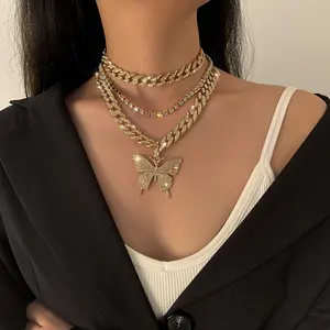 Ensemble de bijoux de mode 2021 Hip hop chaîne cubaine en couches boho sans collier diamant papillon collier pour les femmes