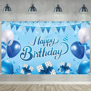 Balon Blue Fantasy spanduk Selamat Ulang Tahun latar belakang grosir kain latar belakang kustom untuk dekorasi liburan