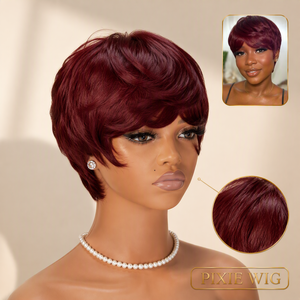 Perruque <span class=keywords><strong>courte</strong></span> ondulée bordeaux en cheveux humains naturels, <span class=keywords><strong>coupe</strong></span> pixie, fabriquée à la machine, bonnet intégral, pour femmes, vente en gros - Product Image 1