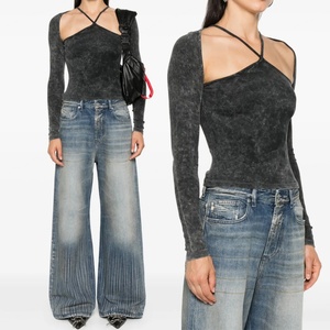 เสื้อยืดแขนยาวผู้หญิงทรงเข้ารูป ยืดหยุ่น คอ halter สีดำฟอกยีนส์ สไตล์ OEM สำหรับสาวๆ รุ่นใหม่ล่าสุด - Product Image 1