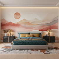 Papier peint mural abstrait imperméable beige pastel avec paysages de montagnes en aquarelle, installation facile en DIY, pour la décoration murale de la maison