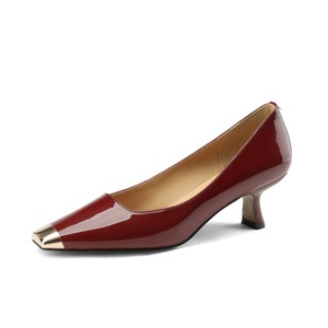 Genuine Leather Burgundy Solid Elegant Ladies High <strong>Heels</strong> 2024 Spring Autumn New <strong>Metal</strong> Square-toe Low Stiletto <strong>Heel</strong> Slip-On <strong>Shoes</strong> - Product Image 1