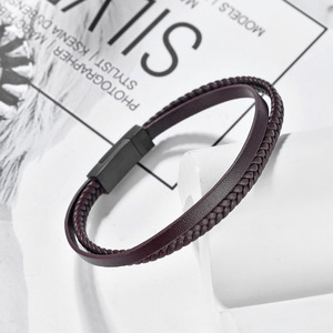 Gelang kulit Pasangan Pria, perhiasan grosir baru gelang tali kulit baja nirkarat - Product Image 5
