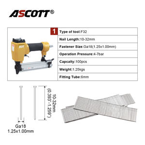 Cloueur pneumatique industriel ASCOTT DIY 100 pièces F32 en aluminium, calibre 18, pour compresseur d'air, <span class=keywords><strong>agrafeuse</strong></span> pour le travail du bois, garantie 1 an - Product Image 2