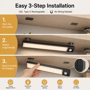 30CM Rechargeable Motion Sensor Cabinet <b>Light</b>, 3 Color Stepless <b>Dimmable</b> Type-C Magnetic <b>LED</b> <b>Light</b> for Kitchen Wardrobe Closet - Product Image 4