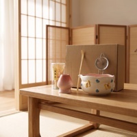 Ensemble de thé Matcha 3D en gros, 4/5 pièces, fait main, avec bol, support, cuillère, fouet en bambou, kit d'outils, céramique japonaise motif papillon