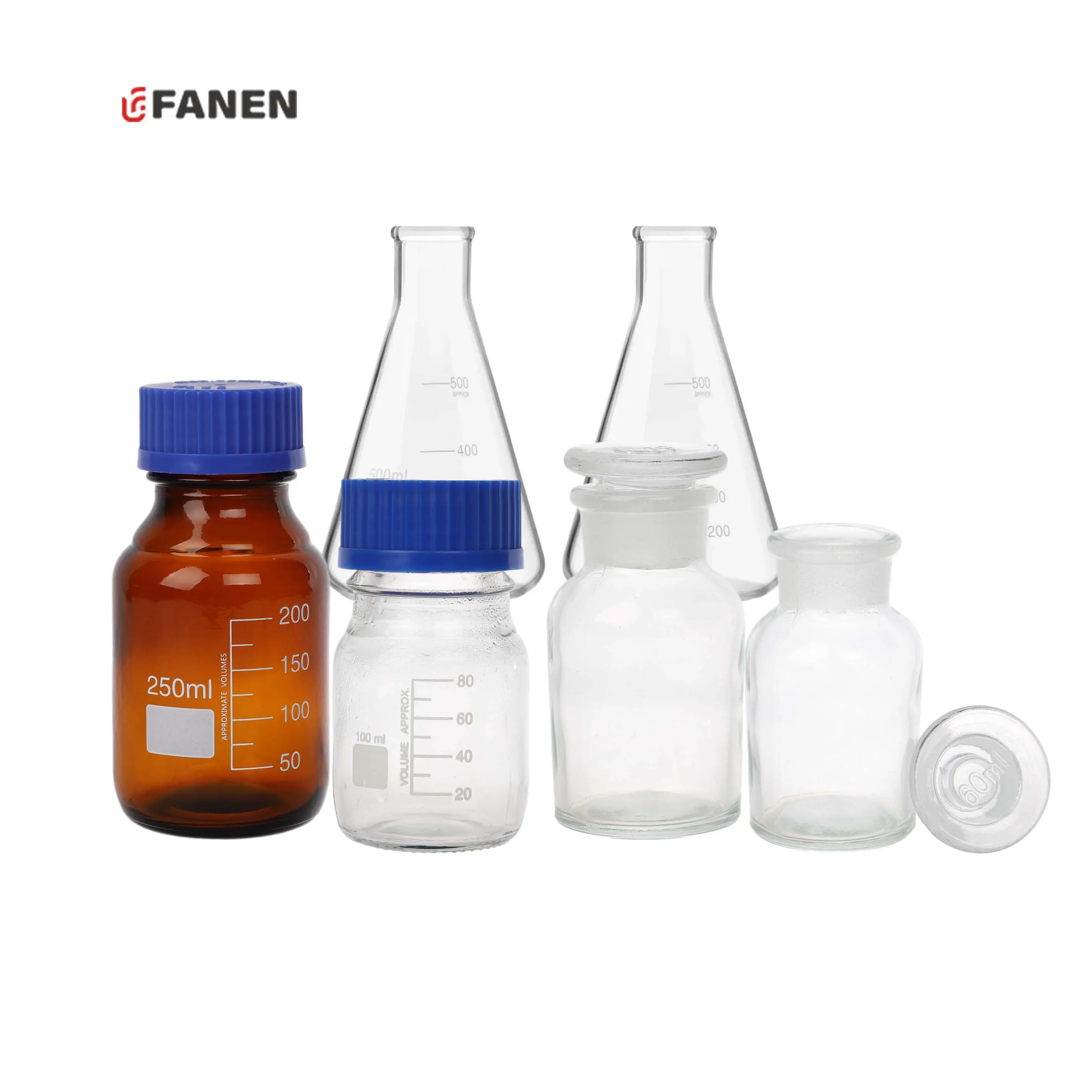 Fanen laboratuvar kullanımı tek kullanımlık cam eşya medya şişe Boro3.3 plastik mavi vida kapak reaktif şişe
