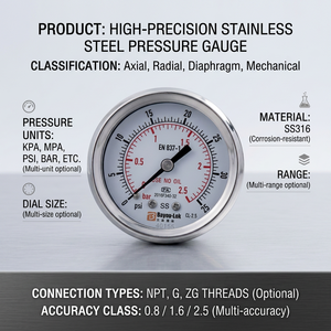 Válvula de Acero Inoxidable con Manómetro de Diafragma 0-25MPa, Rosca Externa NPT de <span class=keywords><strong>1</strong></span>/4'', Tipo Radial/Axial, <span class=keywords><strong>1</strong></span> Año de Garantía - Product Image 3