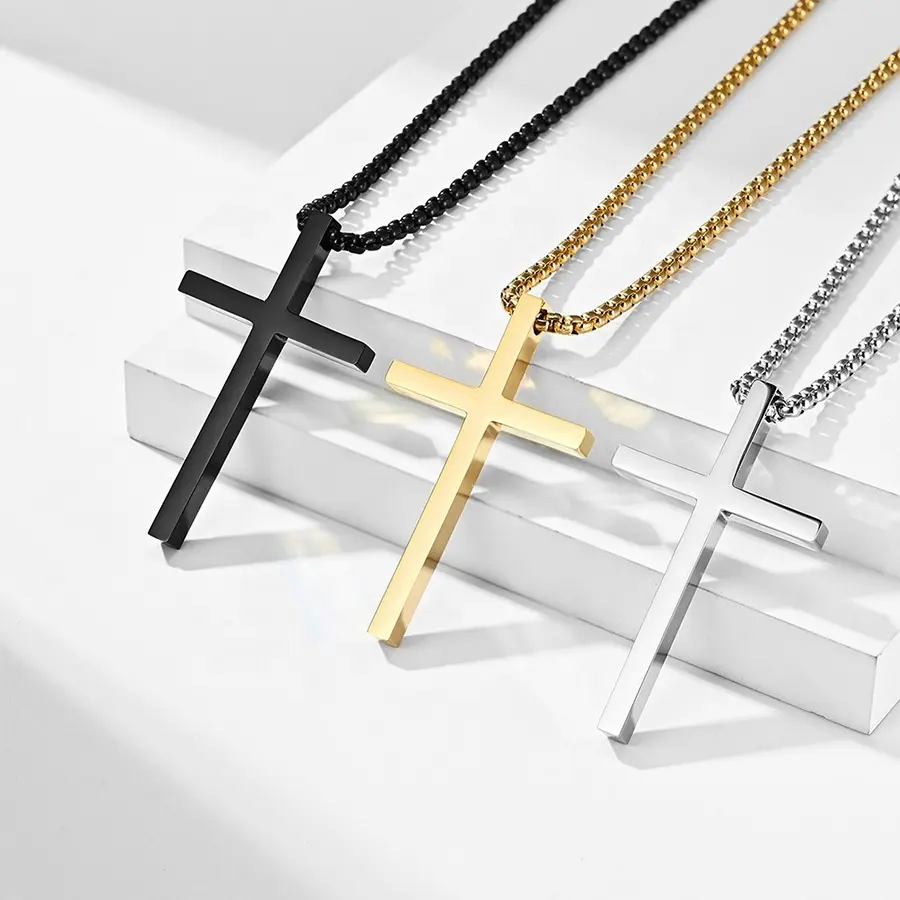 Klassieke Religieuze Sieraden Zilver Zwart Vergulde Ketting Roestvrij Staal Vrouwen Mannen Gebed Kruis Hanger Ketting