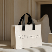 Sacs en papier de luxe blanc ivoire personnalisés avec logo et poignées en ruban noir pour l'emballage de boutiques de mode