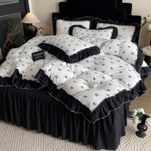 French Retro Princess Style <b>Bedding</b> <b>Set</b> All Cotton Duvet Cover With Bed Skirt Printed Butterfly Pattern Breathable Four Piece - Product Image 3