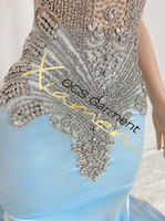 Vestido de Fiesta Largo Asimétrico de Satén Azul Cielo con Estampado de Cristales, Transpirable, con Cola Larga, Sexy, para Graduación, Boda o Fiesta Nupcial