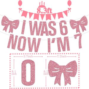 Bannière « J'avais 6 ans, maintenant je suis 7 », Panneau rose « Je suis 7 », « Bonjour Sept », Décorations et fournitures pour fête d'anniversaire 7 ans pour fille, Paillettes roses - Product Image 2
