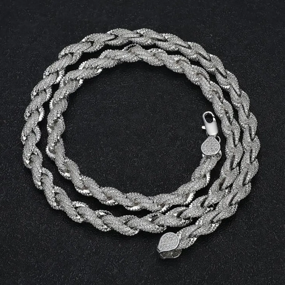 Collar de Cadena de Cuerda de Moissanita, Joyería de Hip Hop, Plata de Ley, 8mm, Diamante Trenzado