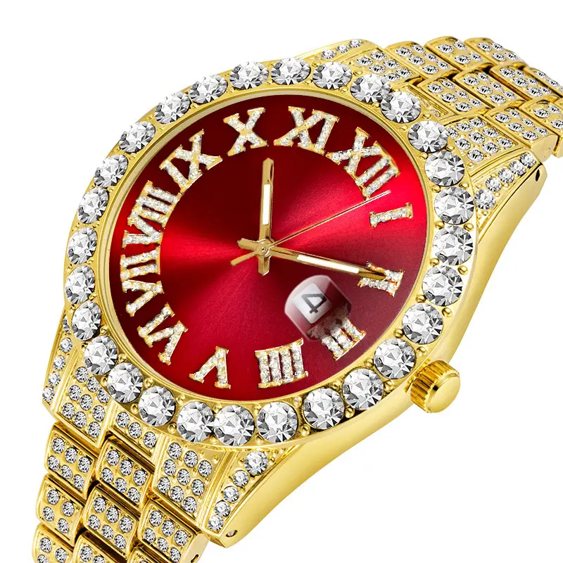 2020 Modern Diamond Waterproof Red bule green Dial Roman Numerals Top Brand Luxury 18k Gold Quartz Watch Men