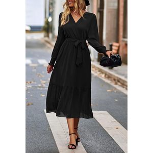 Vestido Maxi Largo con Estampado Floral Personalizado para Mujer, Estilo Bohemio, Manga Larga, Cuello en V Cruzado, con Volantes y Cinturón, Vestido de Noche - Product Image 2