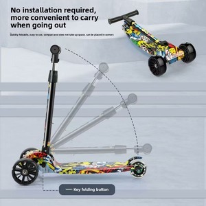 Trottinette pliable à 3 roues pour enfants avec design graffiti, roues PU lumineuses extra larges et hauteur réglable - Product Image 4