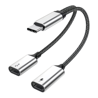 Adaptateur Hub USB-C Double Port 60W Haute Qualité Femelle-Mâle Blindé Tressé+ABS 14,5cm Argent Répartiteur Convertisseur OTG pour Téléphone Portable